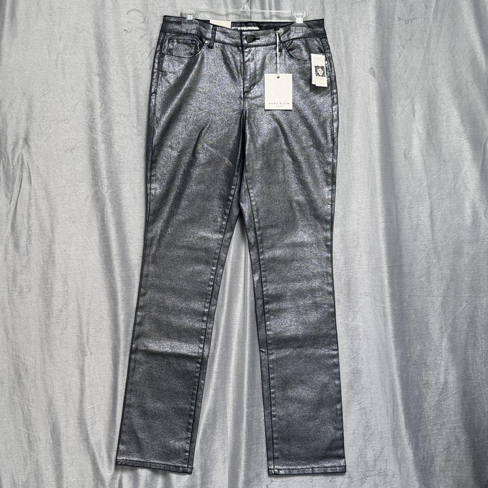 Anne Klein Jeans Womens 8 Gunmetal Straight Metallic Pants Silver Shimmer New